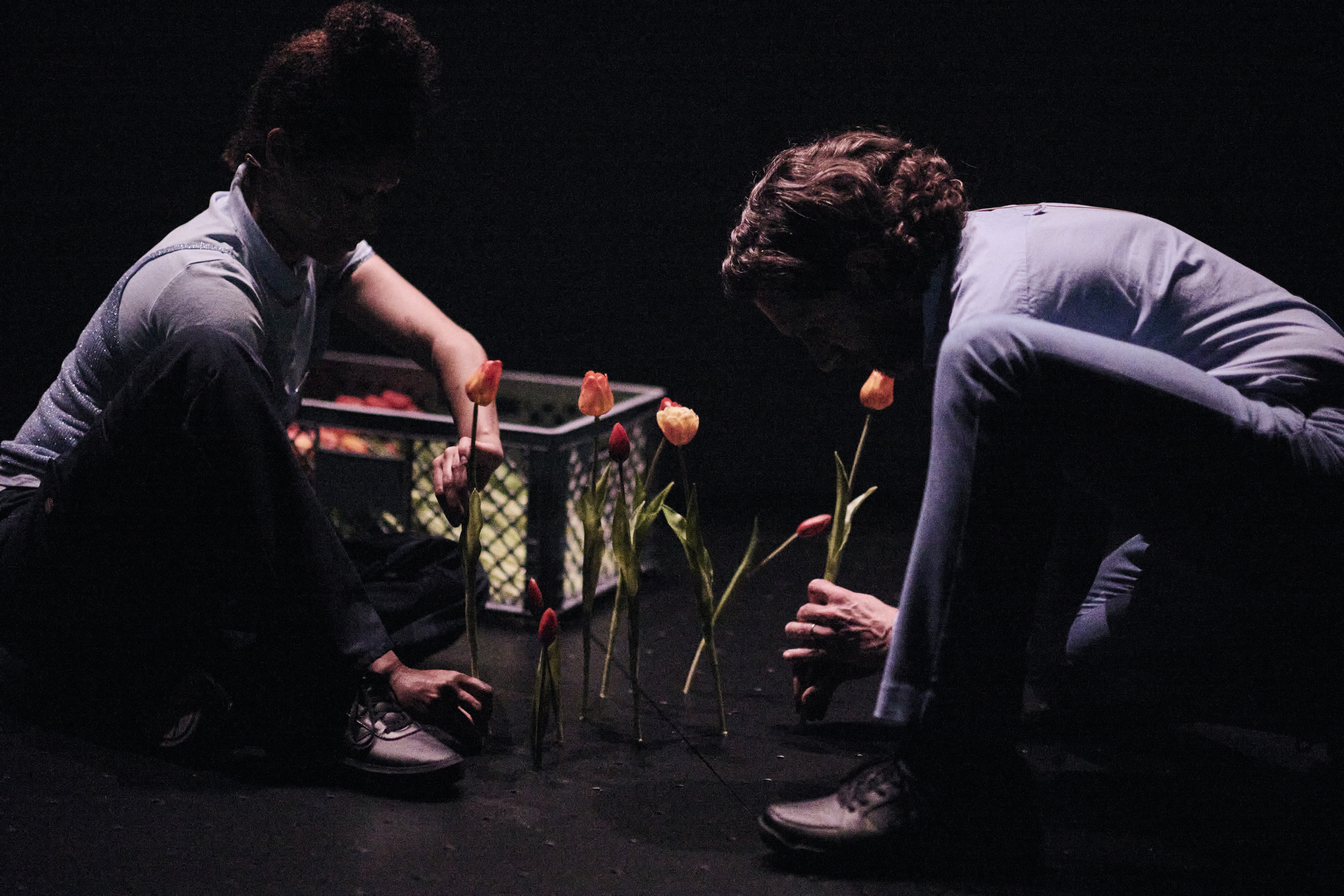 Das Bild ist dunkel gehalten. Man sieht 2 Personen in blauer Kleidung, die am Boden sitzen. Sie stecken rote Tulpen in den Bühnenboden.