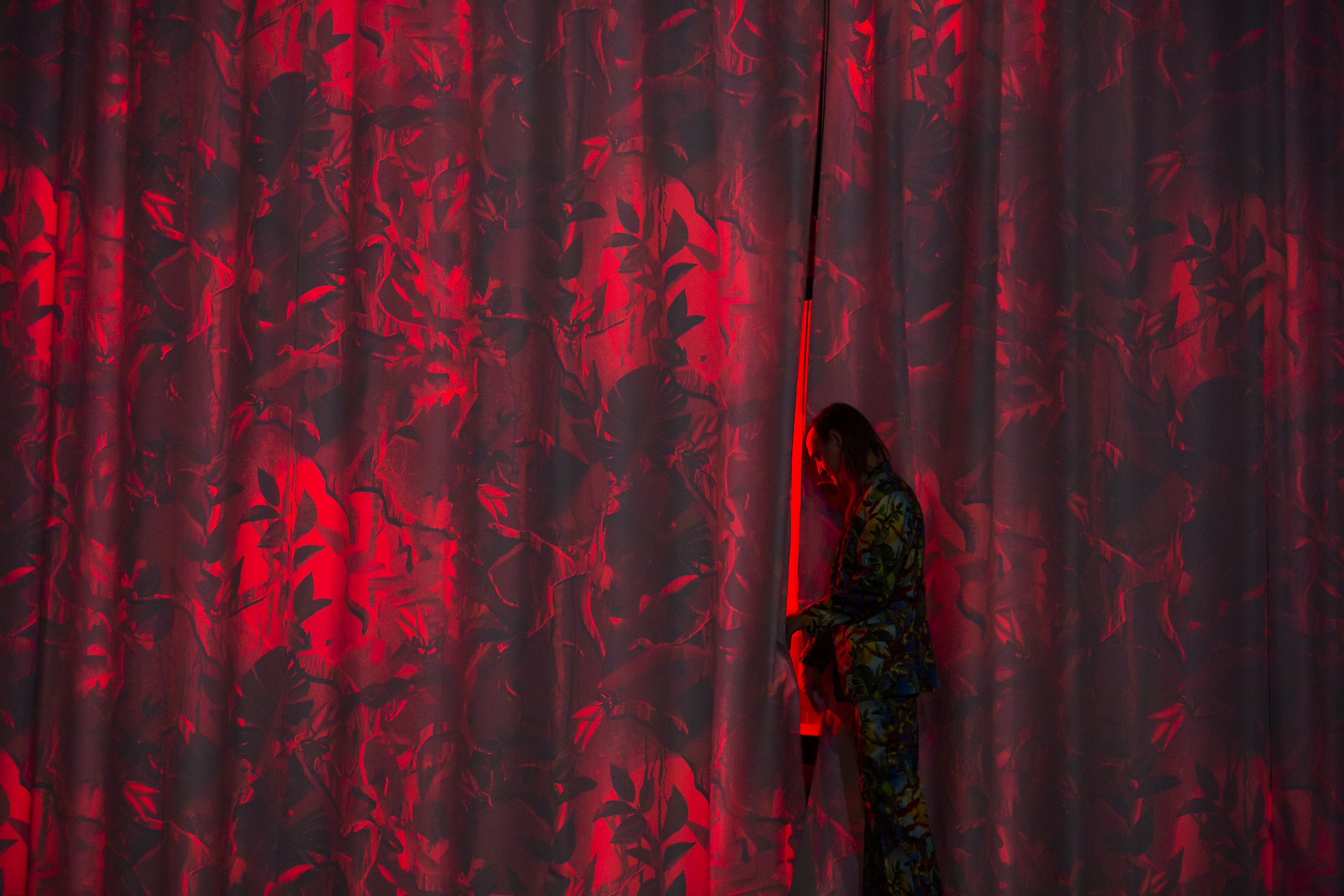 Das Bild besteht aus einem roten Vorhang mit Pflanzenmustern. Vor dem Vorhang steht Diederik Peeters und ist dabei, hinter den Vorhang zu treten.
