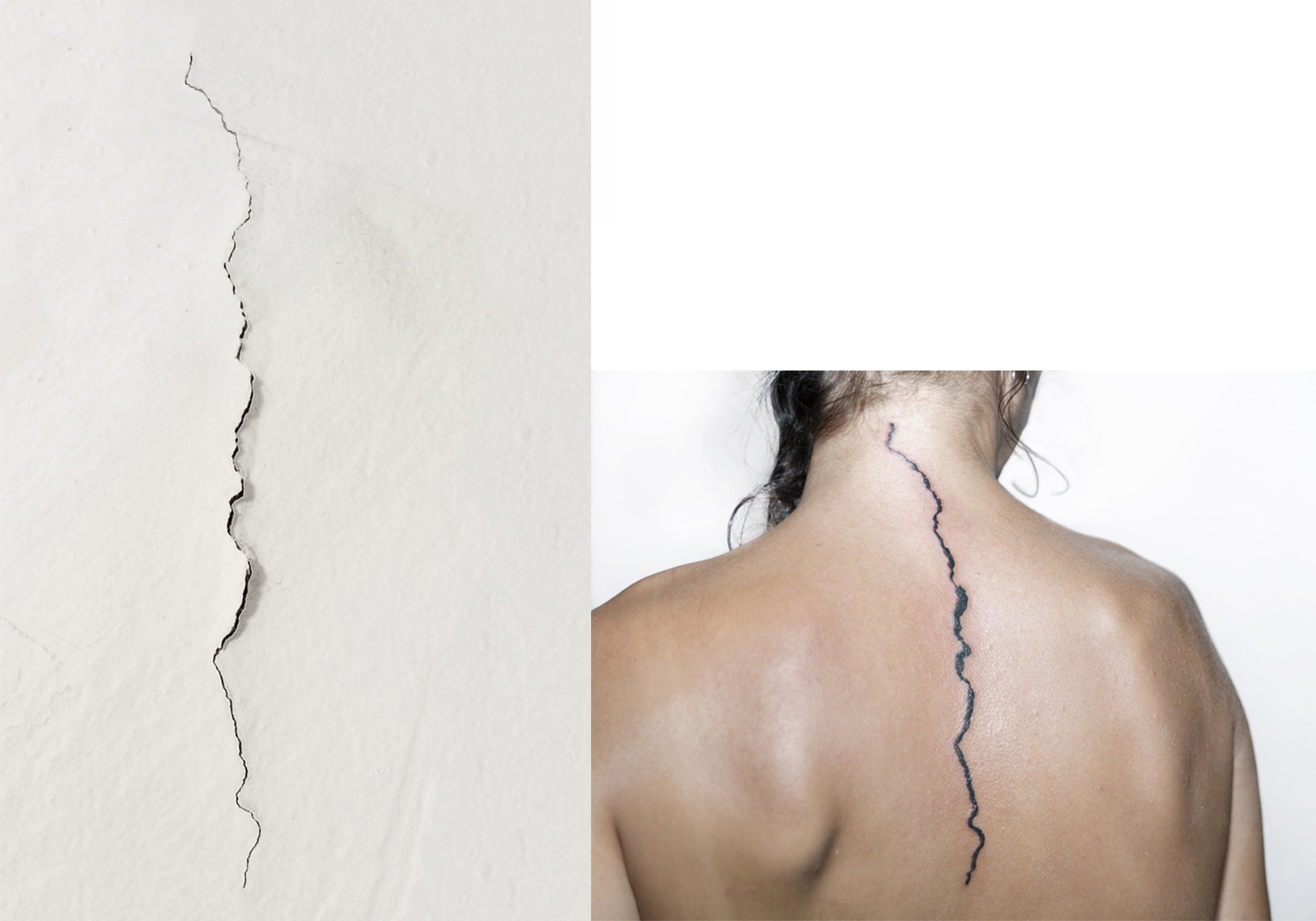 Zweiteiliges Bild - auf der einen Seite ein Riss in der Wand, auf der anderen Seite der selbe Riss der auf den Rücken einer Frau tättwier ist.