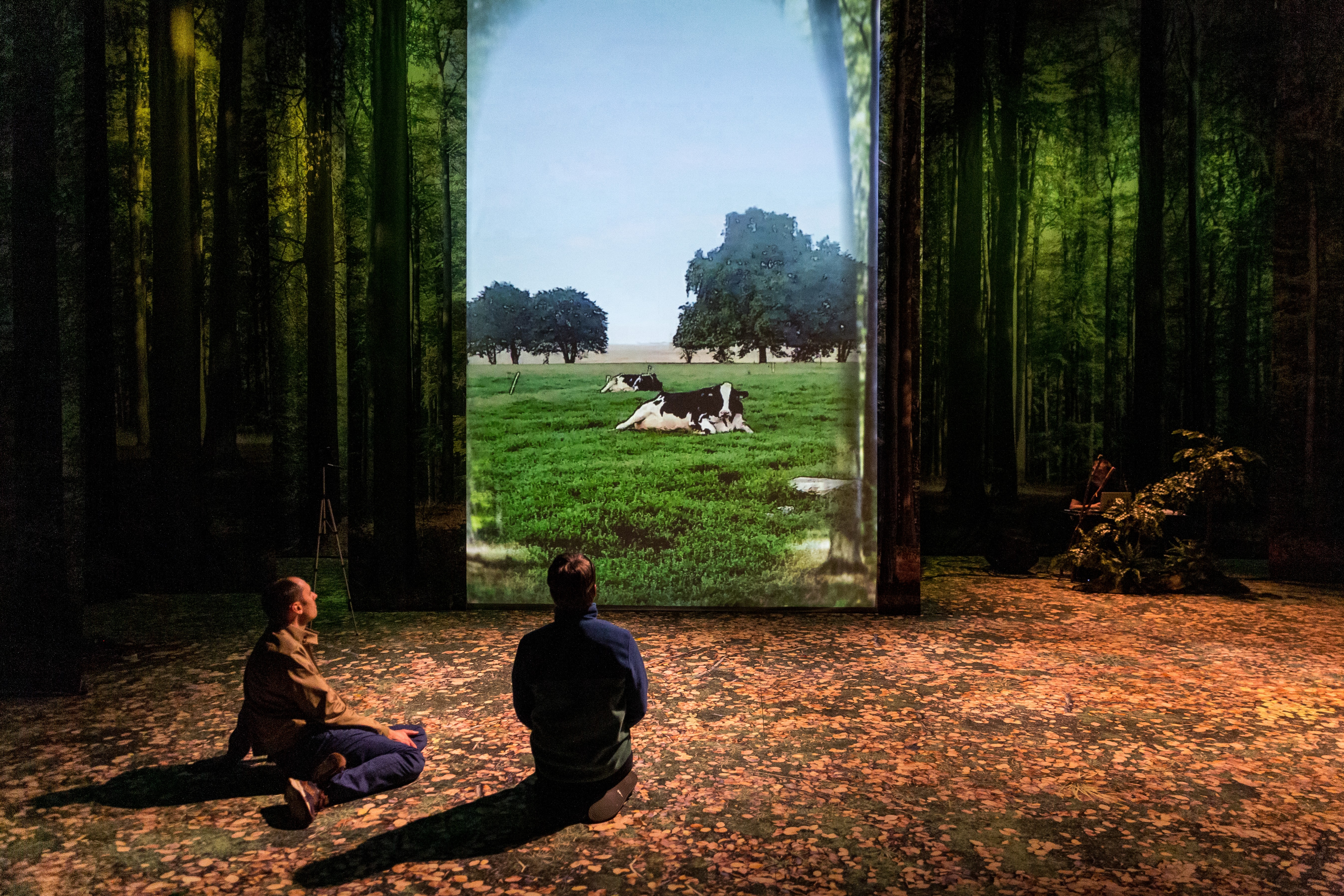 Das Bild zeigt eine Theaterbühne. Im Hintergrund sieht man einen dichten Wald, weiter vorne eine Leinwand mit einer Wiese und zwei Kühen. Vor dieser Leinwand sitzen Antoine Defoort und Arnaud Boulogne im Laub und schauen auf die Leinwand.
