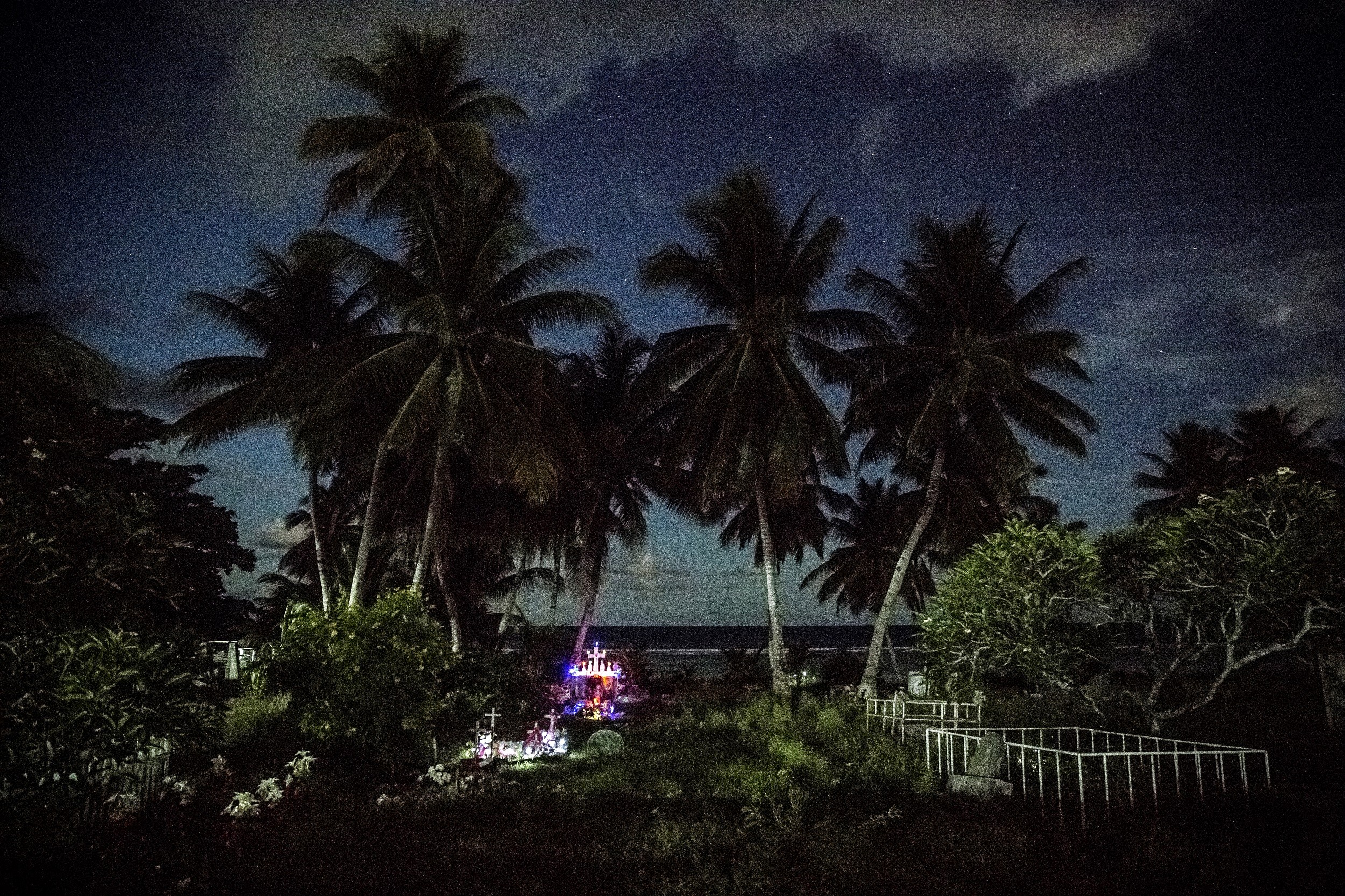 Insellandschaft mit Palmen in der Dämmerung.